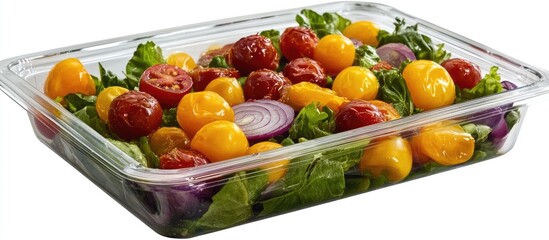 Poster - Vibrant mixed salad in clear container featuring green lettuce cherry tomatoes yellow bell pepper and red onion colorful healthy meal option