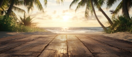 Poster - Wooden table in the foreground with blurred ocean beach view and palm trees bathed in warm sunset light creating a serene summer atmosphere