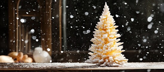 Aufkleber - Elegant winter scene featuring a white and gold Christmas tree on a wooden table with softly falling snowflakes creating a cozy holiday ambiance