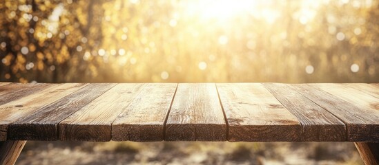 Aufkleber - Wooden table in foreground with warm golden tones and blurred beach backdrop creating a serene product display atmosphere in summer light