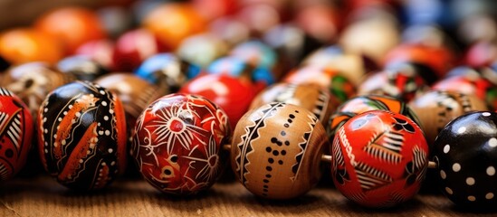 Leinwandbilder - Colorful handmade clay jewelry beads in vibrant red, orange, black, and natural tones, arranged in a close-up view on a textured surface.