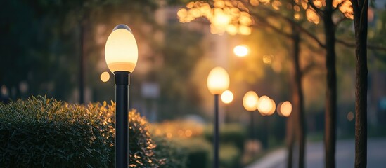 Poster - Elegant oval streetlamp softly illuminating a tree-lined path at sunset with warm golden light reflecting off lush green bushes in the foreground.