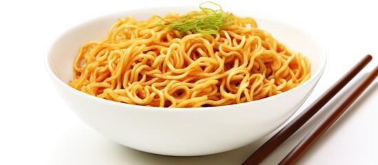 Aufkleber - Delicious bowl of steaming hot noodles with a sprig of green garnish on top, positioned centrally on a white background with chopsticks on the side.
