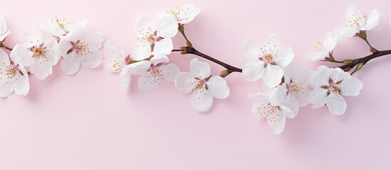 Aufkleber - White cherry blossom branch positioned horizontally on soft light pink background with ample negative space for text and a subtle pastel aesthetic.