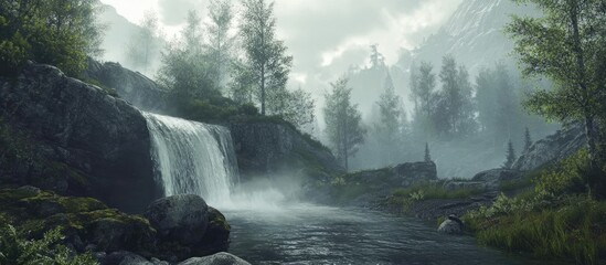 Poster - Serene forest landscape with a cascading waterfall on a tranquil mountain stream surrounded by lush green foliage and misty mountains in the background