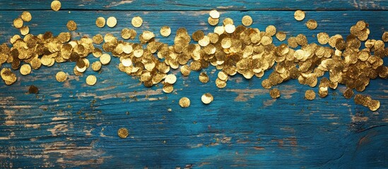 Aufkleber - Shimmering gold sequins scattered across a textured blue wooden surface creating a festive holiday ambiance ideal for creative designs