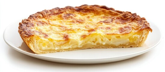 Aufkleber - Golden crust onion pie on a white plate with a slice removed showcasing creamy filling ideal for gatherings or meal occasions.