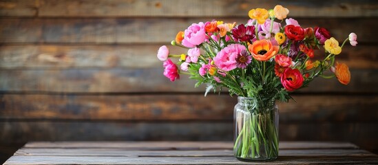 Poster - Vibrant bouquet of mixed pink and orange flowers in a glass jar centered on a rustic wooden table against a textured gray wood backdrop
