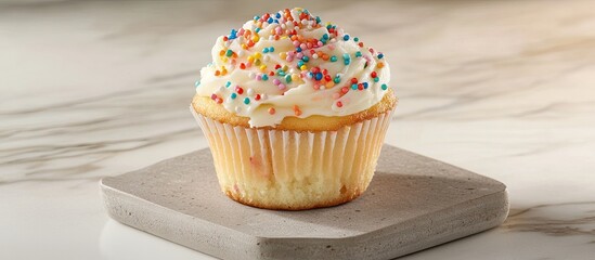 Poster - Classic cupcake with creamy icing and colorful sprinkles on a light marble background, positioned centrally on a square stone coaster.