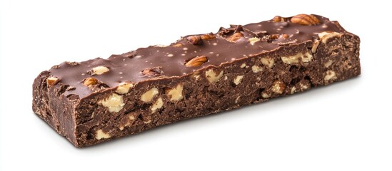 Poster - Nutty chocolate bar with rich texture isolated on a bright white background showcasing dark brown chocolate with light nuts throughout