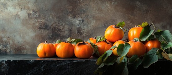 Poster - Ripe persimmons in vibrant orange and green are arranged artistically on a dark stone surface, showcasing their natural beauty against a muted backdrop.
