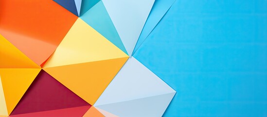 Poster - Colorful geometric origami background featuring vibrant orange, yellow, and light blue paper triangles on a calming turquoise backdrop, top right.