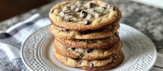Poster - Stack of five golden-brown vanilla chocolate chip cookies on a white plate against a textured gray background with a plaid napkin on the side
