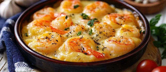 Aufkleber - Richly melted cheese-coated shrimp ravioli served in a round black dish with fresh parsley and a dark blue cloth. Warm, inviting colors.