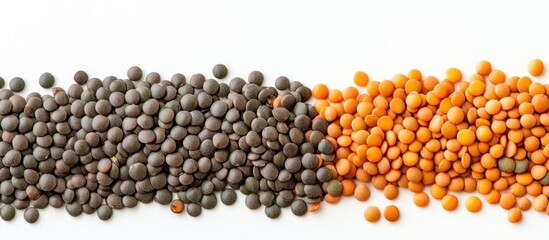 Poster - Black and orange lentils on white background, displaying distinct textures and colors, arranged side by side to highlight their unique characteristics.