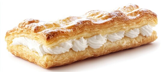 Poster - Puff pastry bread with a golden flaky texture and soft white cream filling positioned center on a clean white background showcasing its deliciousness