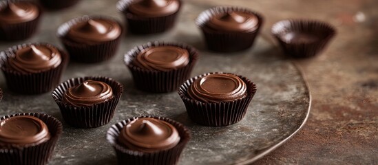 Poster - Mini chocolate cupcakes arranged on a metal tray with rich chocolate frosting glistening in deep brown tones, perfect for celebrations and desserts.