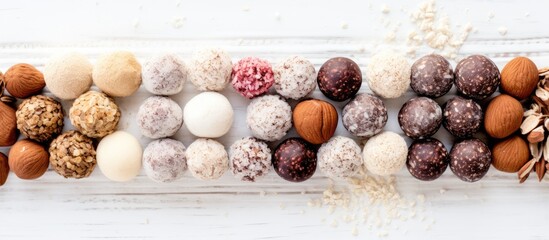 Poster - Colorful assortment of vegan bliss balls displayed on a clear platter with dates hazelnuts and cocoa powder on a white wooden background.