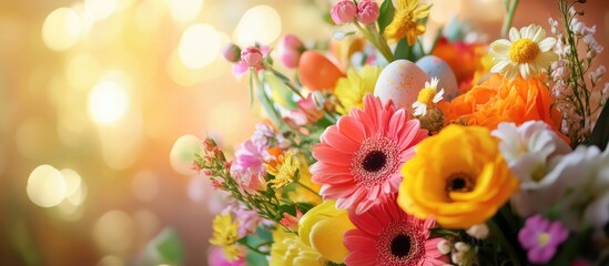Poster - Vibrant floral arrangement featuring pink, orange, and yellow flowers with decorative Easter eggs creating a joyful spring atmosphere