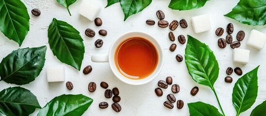 Aufkleber - Top view of rich espresso coffee in a white cup surrounded by coffee beans and sugar cubes on a light background with vibrant green leaves