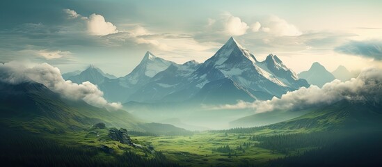 Wall Mural - Majestic mountain range under soft morning light with lush green valleys and misty clouds creating a serene natural landscape.