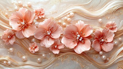 Wall Mural - Pink flowers with pearls on swirling background for a decorative backdrop.