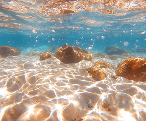 Poster - Underwater scene with shimmering light, rocks, and clear blue water