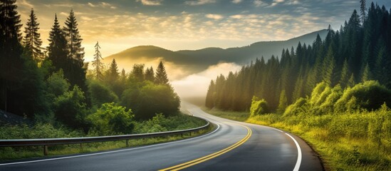Wall Mural - Winding highway road through lush green forest at dawn with mist hanging in the air and soft orange light illuminating the mountains in background
