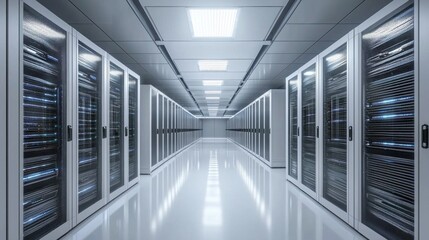 Poster - In a high-tech server room, rows of sleek servers shine with an artful blend of blue and white lights, highlighting a sophisticated network of technology in an organized environment