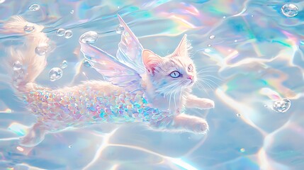 Wall Mural - A cat is swimming in the water with a mermaid tail