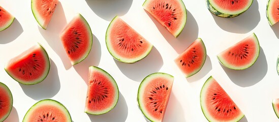 Wall Mural - Sliced ripe watermelon pieces arranged on a white background displaying vibrant red and green colors with shadows enhancing texture and freshness.