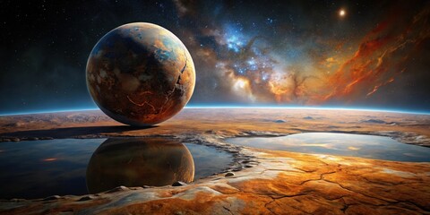 Wall Mural - a celestial body's reflection in still waters of an alien landscape, under a vibrant nebula