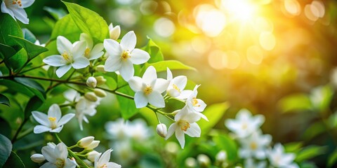 Wall Mural - Silhouetted jasmine: delicate white flowers, lush green foliage, capturing peaceful spa serenity.