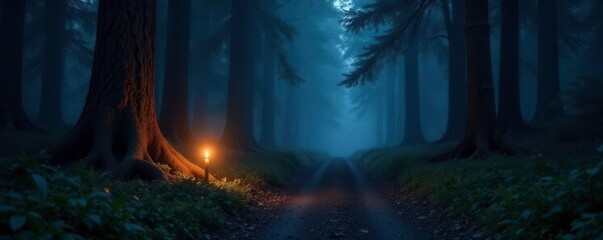 Wall Mural - Gloomy forest path illuminated by a lone candle, candle, forest