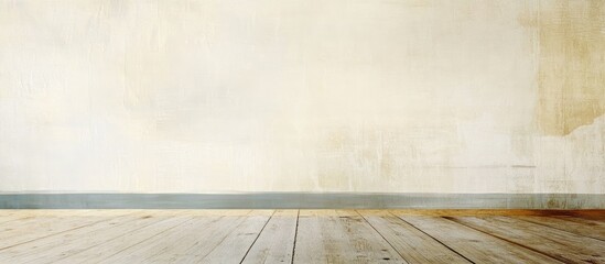 Poster - Minimalist image showcasing a light beige wall on the left with a wooden floor extending to the right creating a calm artistic space.