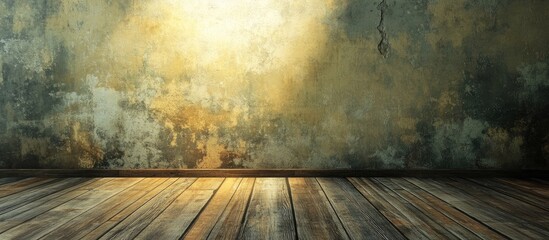 Poster - Serene minimalist space with textured light wall and warm wooden floor illuminated by soft natural light creating an inviting artistic atmosphere