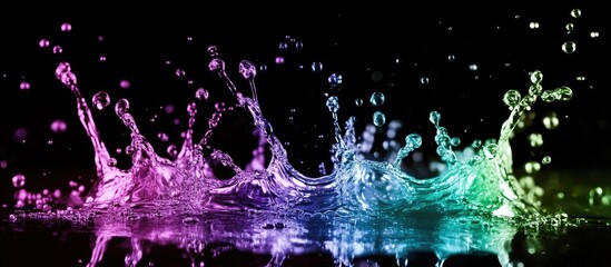 Fototapete - Dynamic splashes of fluid drops in vibrant shades of purple, green, and blue create a mesmerizing neon effect on a sleek black background.