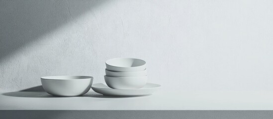 Poster - Minimalistic arrangement of white ceramic bowls and plates on a light gray shelf with soft shadow and natural light highlighting the clean lines.