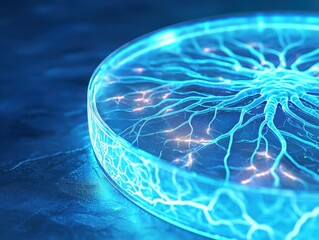 Poster - Futuristic human neuron closeup petri dish scientific visualization intricate patterns glowing connections