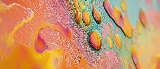 Poster - Vibrant multicolored abstract background with orange, pink, and teal hues featuring unique rounded textures and dripping spray paint effects.