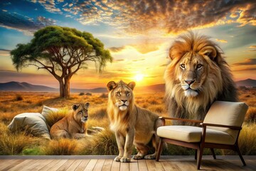 transform your space with this ai-generated 3d lion mural. bokeh effect adds depth, wildlife artistr