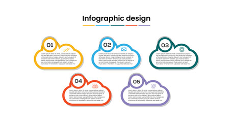 Fototapete - Business infographic template. 5 Step timeline journey. Process cloud shapes, 5 options on white background, Info graph elements vector illustration.