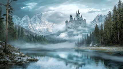 Snow-covered castle floats in clouds above a peaceful valley. A stream flows from the forest into a glacial lake below. Trees and a river are reflected in the calm water of a mountain lake.