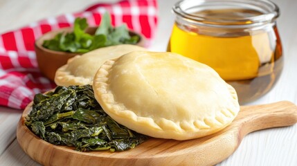 Wall Mural - Delicious savory pies with steamed greens and honey