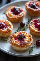 Wall Mural - Delicious cranberry tarts with fresh thyme on a white plate