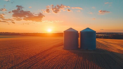 Aufkleber - Two towering silos stand proudly in a lush field, illuminated by the warm hues of a breathtaking sunset. The vibrant sky reflects a tranquil farming atmosphere, as nature unfolds its beauty
