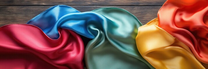 Poster - Colorful Silky Fabrics Flowing Gracefully on Wooden Surface Background