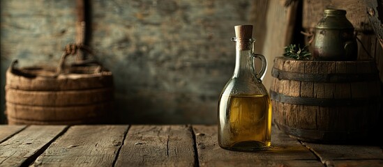 Canvas Print - Rustic wooden table with a clear glass bottle of olive oil illuminated softly beside a weathered barrel and pottery creating a warm inviting ambiance