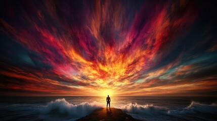 Poster - Silhouette of a Person Watching a Vibrant and Colorful Sunset Over the Ocean