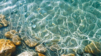 Poster - Ripples ripple through clear blue water, reflecting sunlight and creating mesmerizing patterns. Stones beneath the surface enhance the serene atmosphere, inviting tranquility